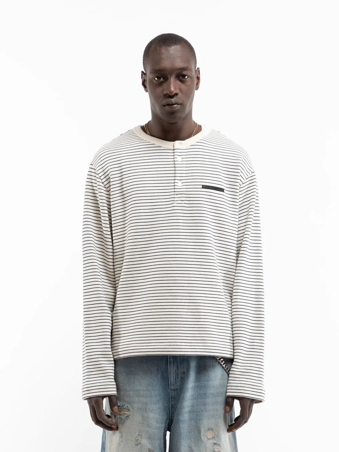 Henley Stripe LS | Off White Navy