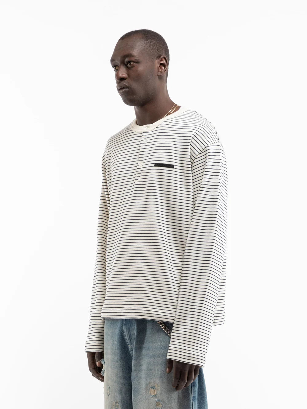 Henley Stripe LS | Off White Navy