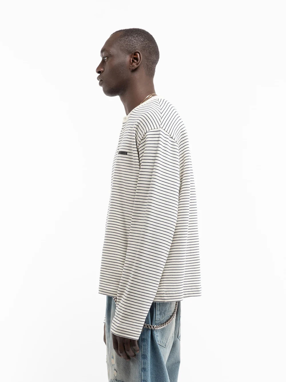 Henley Stripe LS | Off White Navy