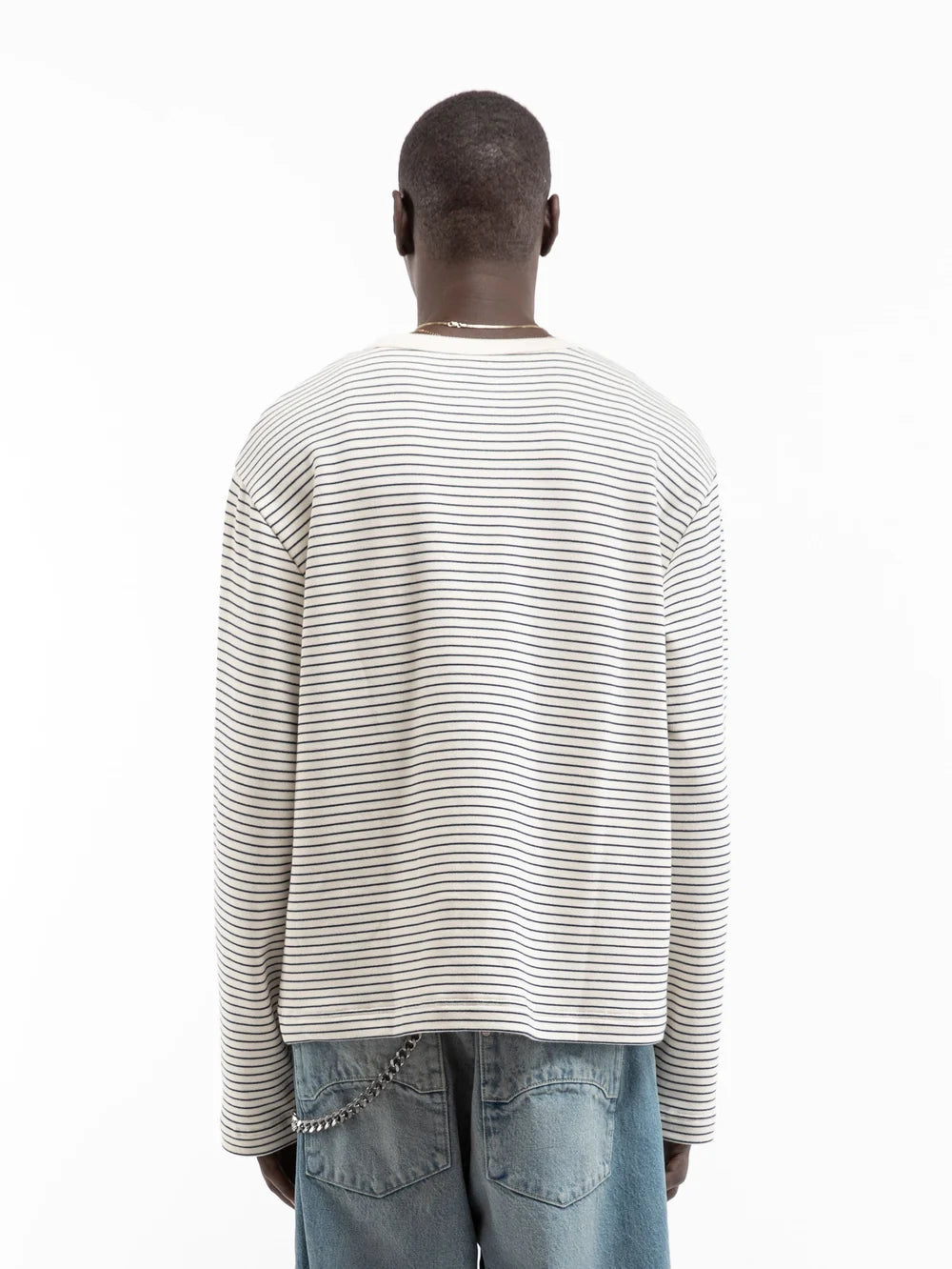 Henley Stripe LS | Off White Navy