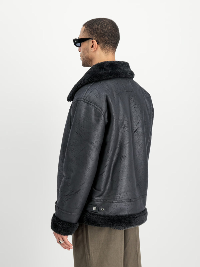 B-3 Faux Leather Bomber Jacket Black/Black