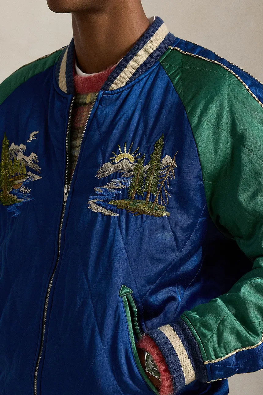 Wyoming Satin Souvenir Flight Jacket | Green Blue Multi