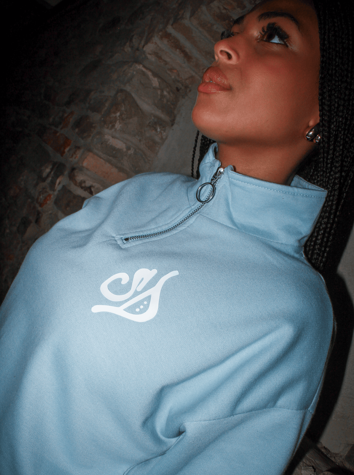 Street Dealer Womans Half Zip Crewneck Light Blue