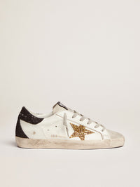 Golden Goose Sneakers Super-Star Donna in nappa con stella in glitter oro e talloncino in glitter nero