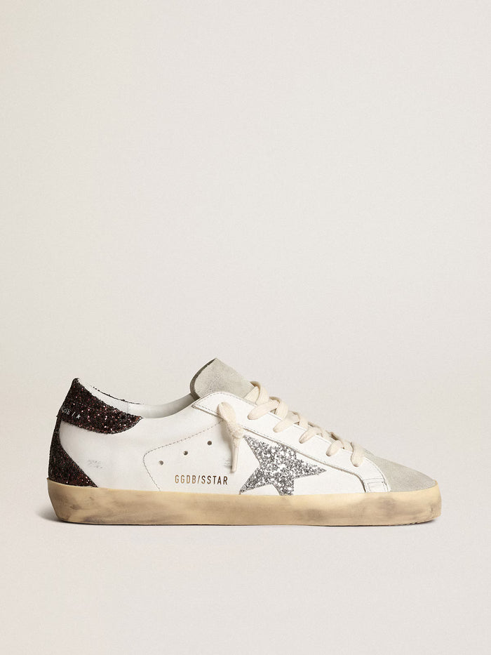 Golden Goose Sneakers Super-Star Donna con stella argento e talloncino in glitter marroni
