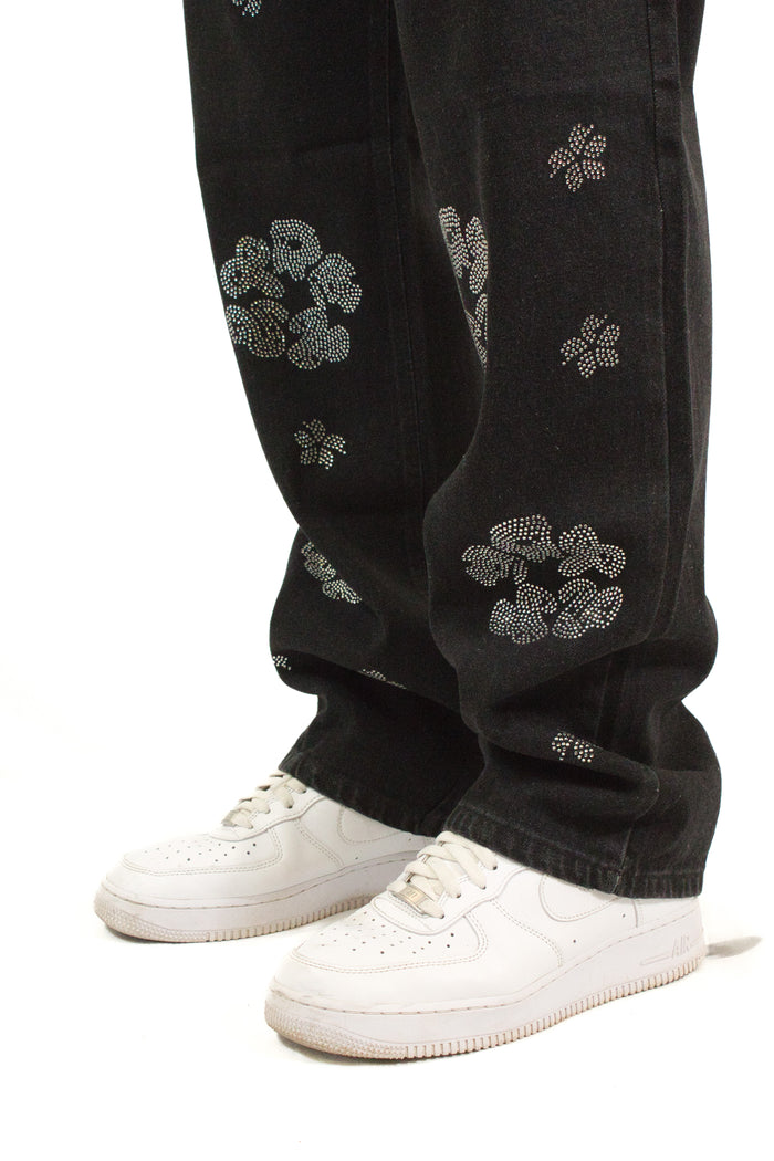 Jeans Strass Flower Black Regular