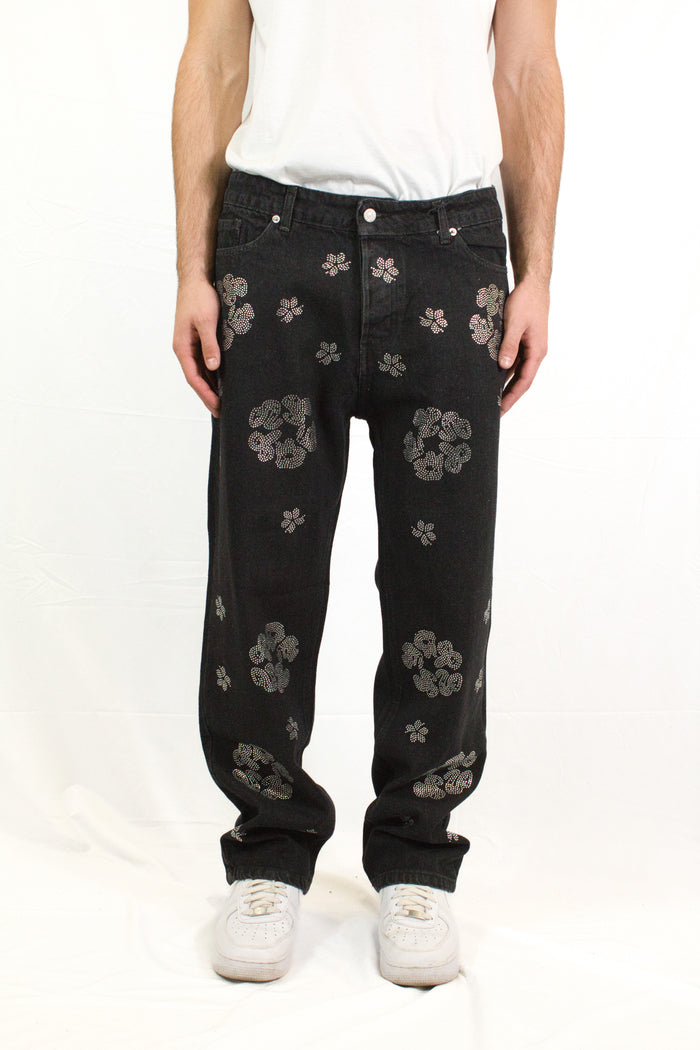 Jeans Strass Flower Black Regular