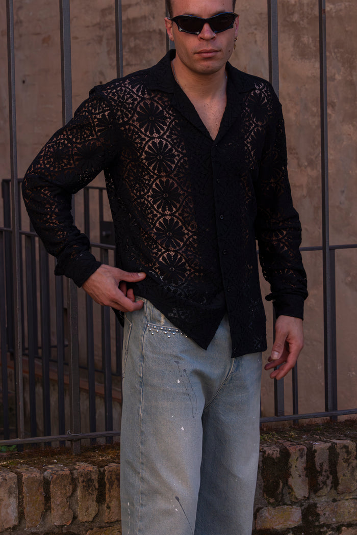 Marsem Camicia Crochet Flower Black
