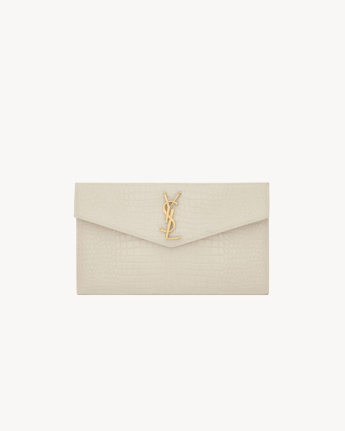 Saint Laurent Pochette Uptown Grain de Poudre Embossed Leather Crocodile White