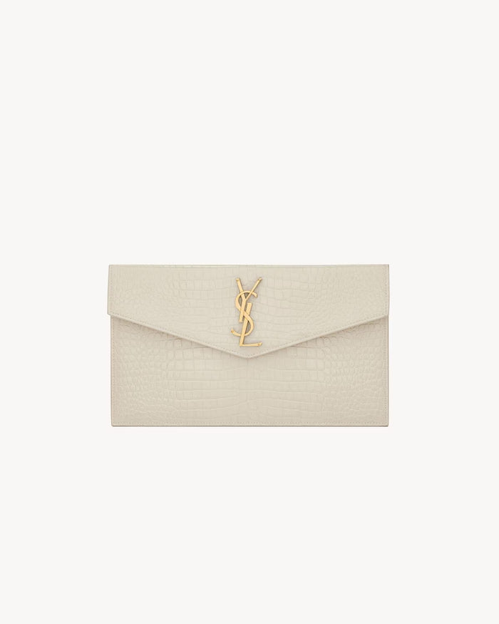 Saint Laurent Pochette Uptown Grain de Poudre Embossed Leather Crocodile White