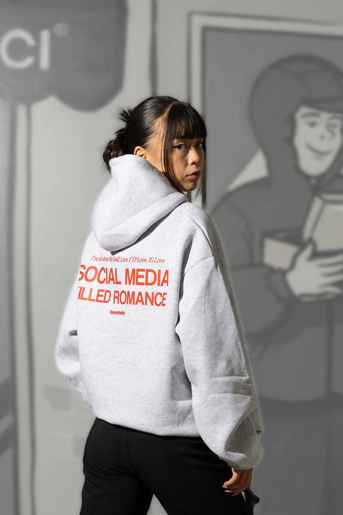 Basedodici Hoodie "Social Media Killed Romance" AshGrey/Red