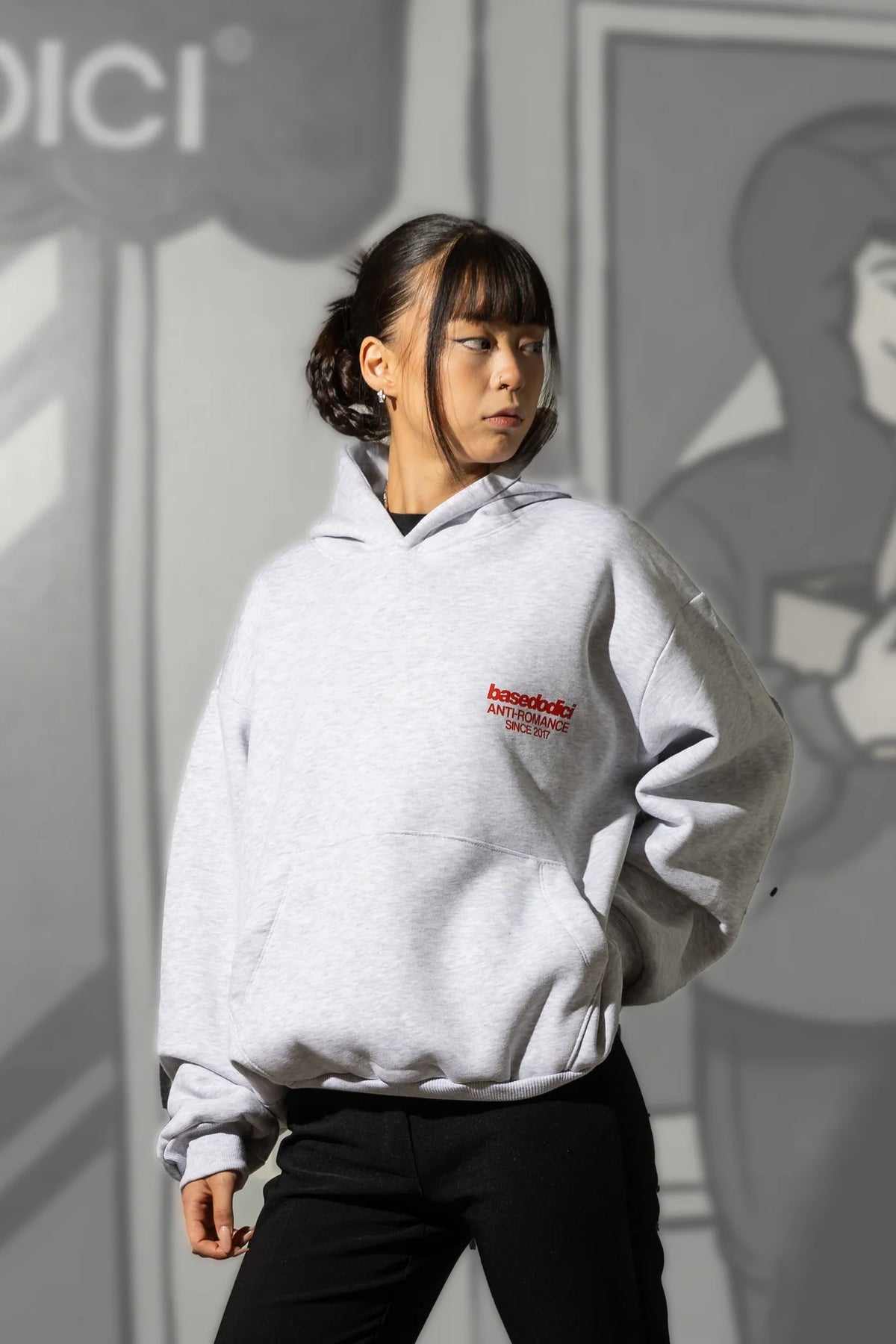 Basedodici Hoodie "Social Media Killed Romance" AshGrey/Red