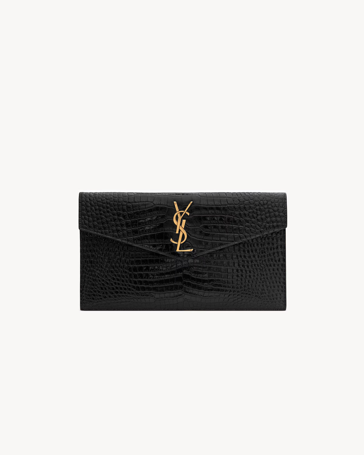 Saint Laurent Pochette Uptown in pelle lucida di coccodrillo goffrata in nero