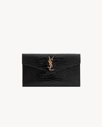 Saint Laurent Pochette Uptown in pelle lucida di coccodrillo goffrata in nero