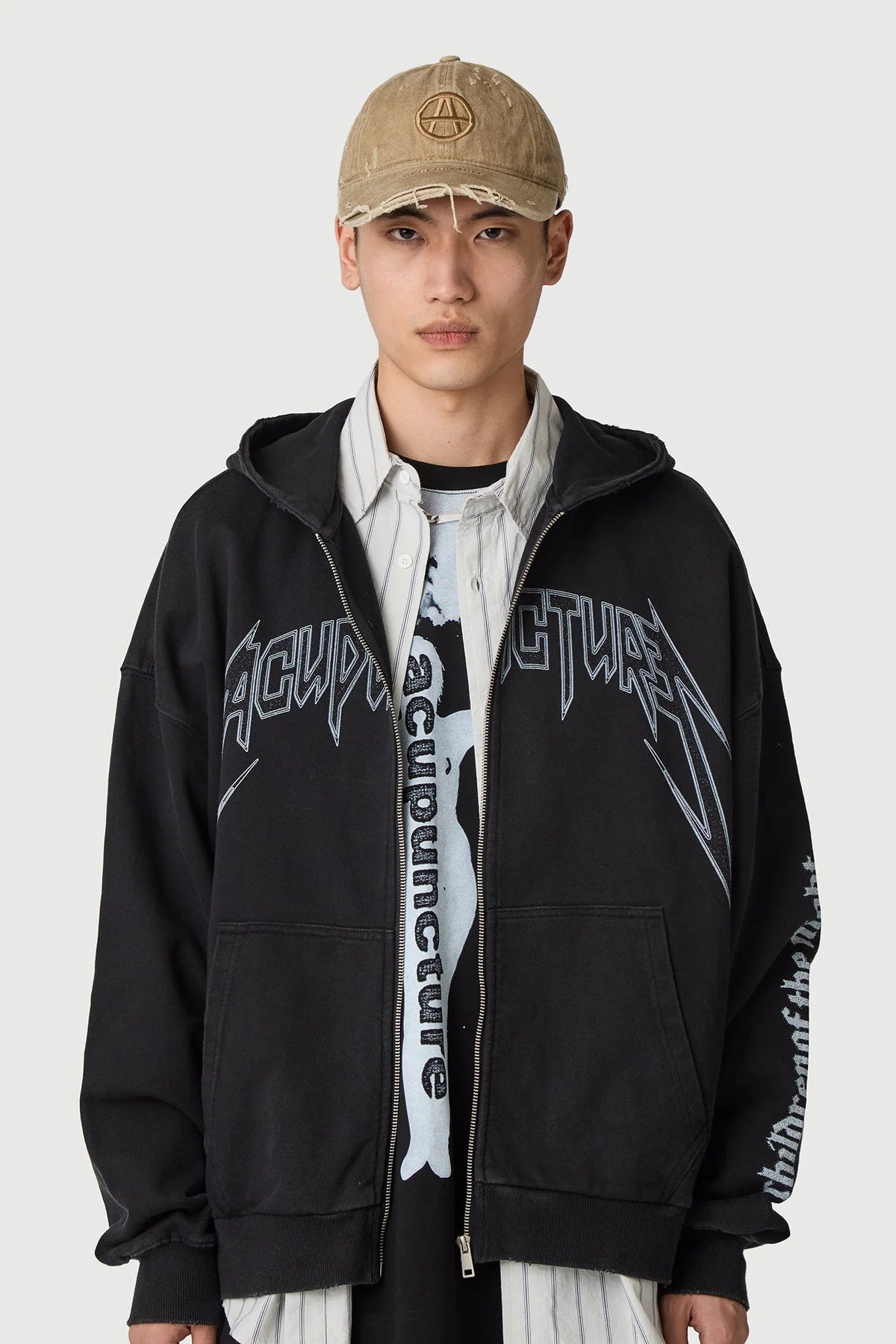 Acupuncture Punker Zip Hoodie 2 Washed Black