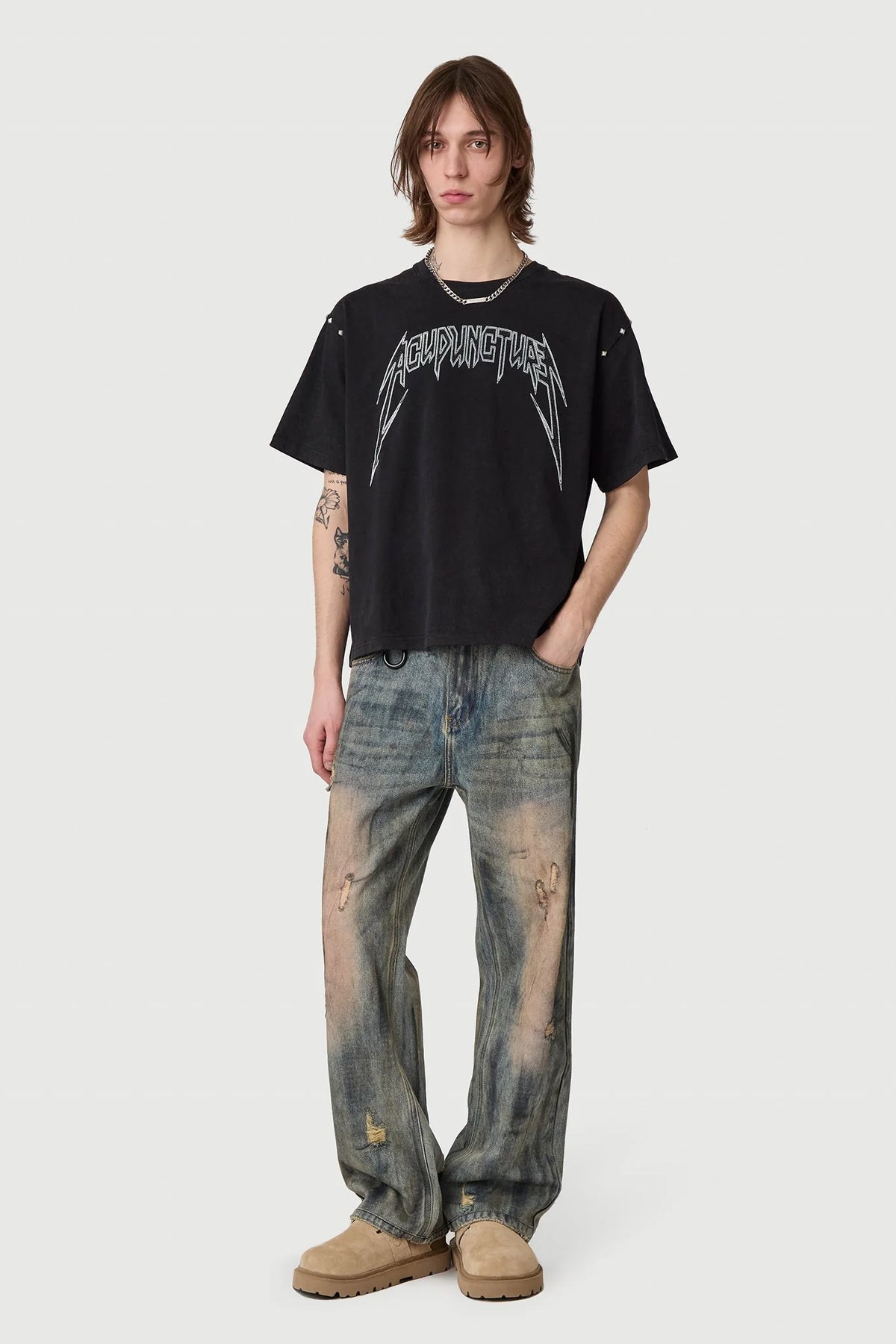 Acupuncture Studded Metal T-shirt Washed Black